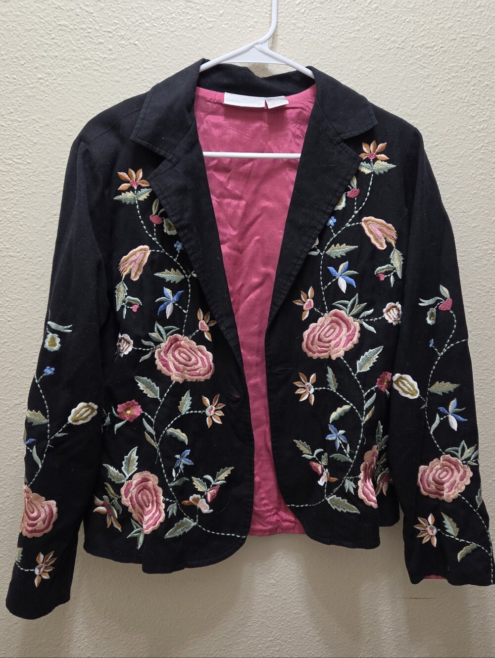 Soft Surroundings Rare Black Floral Embroidered Jacket with Pink Lining